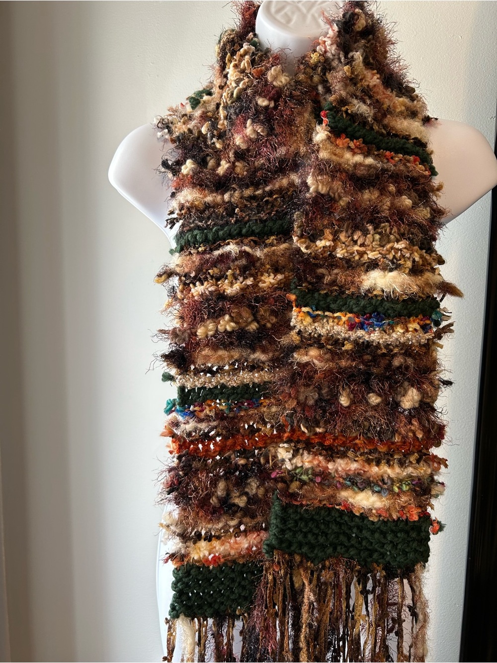 Handmade Multi-Color Textured Knit Scarf - Green Accent